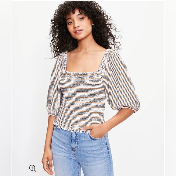 LOFT Striped Smocked Drape Sleeve Top - Picture 6 of 9